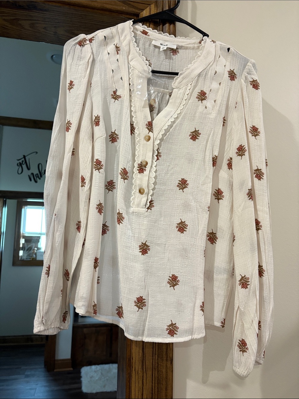 mine Cream White Long Sleeve Floral Peasant Blouse